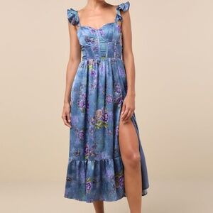 Lulus Sweet Like Sangria Blue Floral Ruffled Bustier Midi Dress - Size L